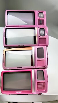 Une pile de t&eacute;l&eacute;visions r&eacute;tro roses empil&eacute;es les unes sur les autres dans un style vintage, avec un design audacieux et color&eacute;