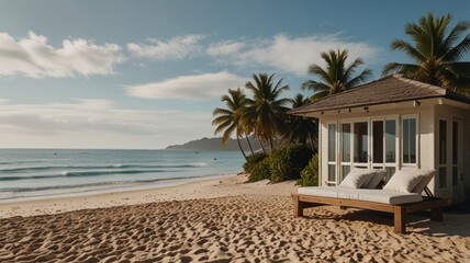 Fototapeta premium Beachfront bungalow with lounge chairs at sunrise.