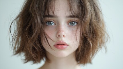 Close-up portrait of a young woman with light brown, wavy bob haircut, freckles, and light-grey eyes.
