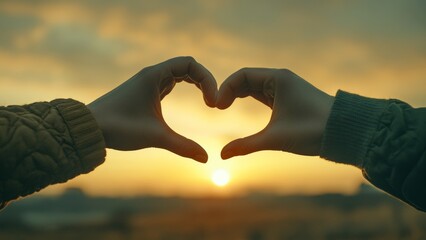 Couples connect at sunset with hands forming heart shape