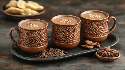 Traditional clay cups of spiced tea served on a rustic tray