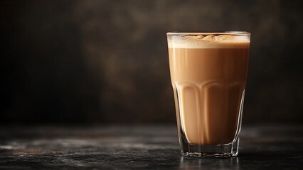Warm coffee served in a clear glass on a rustic surface