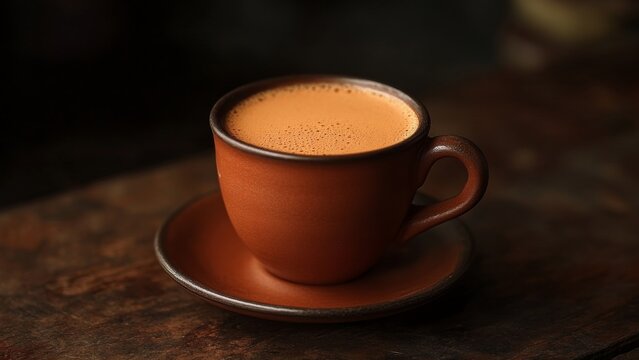 Warm cup of tea served in earthen pottery on rustic table