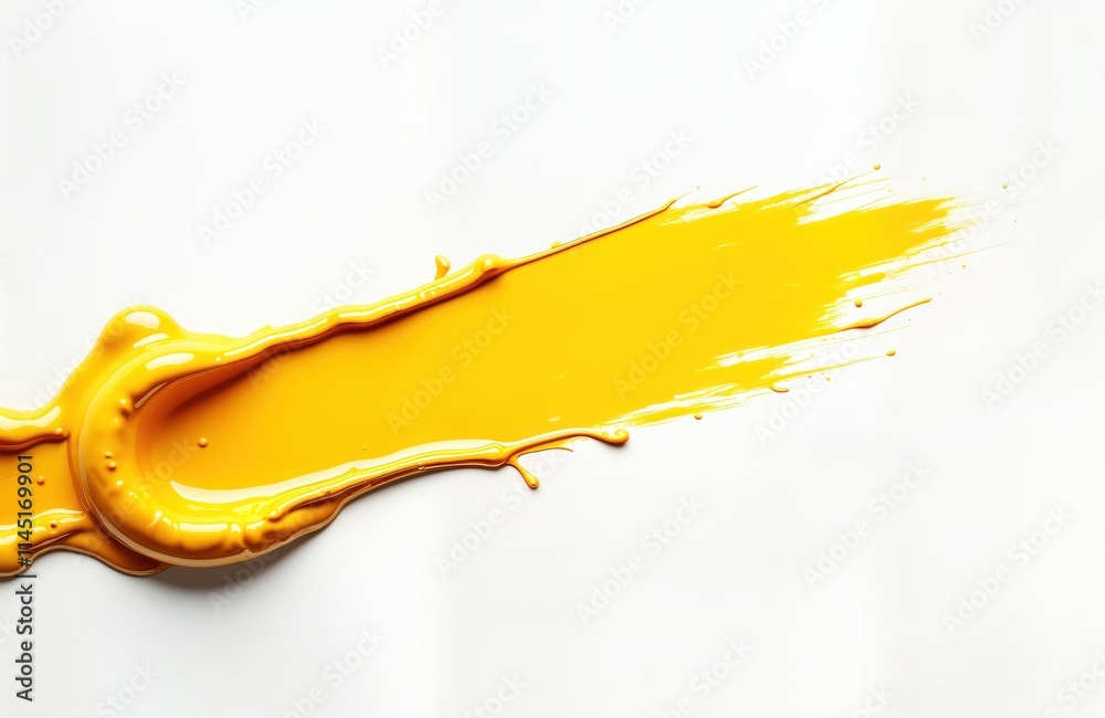 Aufkleber Yellow paint smear on white background. Abstract design. Paint drips, strokes create dynamic shapes. Vibrant color contrast. Modern art illustration. Suitable for advertising, presentation, design