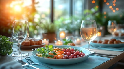 Side-angle shot of a luxurious dining table with neutral linens polished silverware and a vibrant gourmet dish