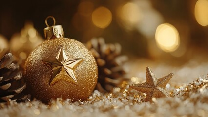 Golden Christmas ornament with pine cones on a festive backdrop