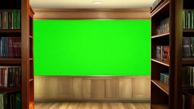 Library background with green screen for virtual sets, perfect for presentations, video conferences, and online education