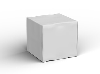 Rendered image of a small white cubic dented box on a light background