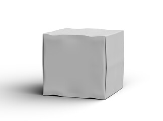 Rendered image of a small white cubic dented box on a light background