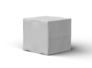 Rendered image of a small white cubic dented box on a light background