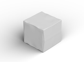 Rendered image of a small white cubic dented box on a light background