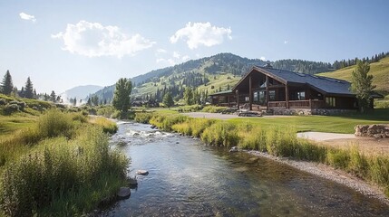 Fototapeta premium Scenic view of a modern cabin by a stream surrounded by mountains.