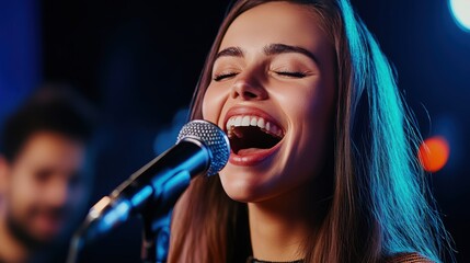 Young Woman Singing Passionately into Microphone with Joyful Expression in Colorful Concert Setting