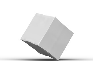 Rendered image of a small white cubic dented box on a light background