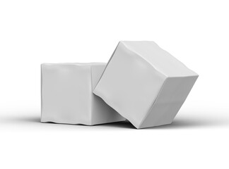 Rendered image of a small white cubic dented box on a light background
