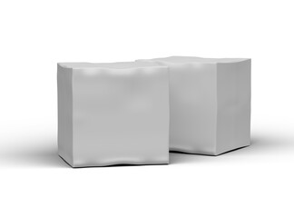 Rendered image of a small white cubic dented box on a light background
