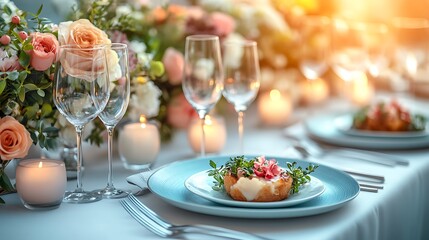 Overhead view of a refined dining table with crystal glasses premium cutlery and an elegant plated dish in a clean luxurious setting