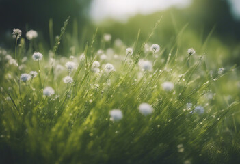 Summer spring beautiful natural scenery Blooming lush green grass in meadow outdoors Small fluffy fl