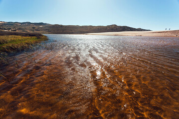 Landscape with river under blue sky. Sunny clean water at nice day of summer