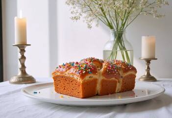 Festive brioche bread with colorful sprinkles on a white plate, cozy setting with candles and flowers in the background 