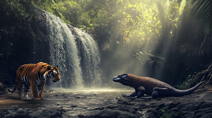 A prowling tiger moves toward a Komodo dragon sunbathing near a lush jungle waterfall their focus locked in a moment of tension.