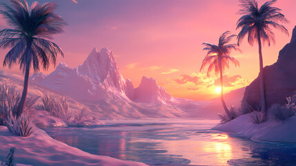 Frozen desert oasis at sunset. Oasis. Illustration