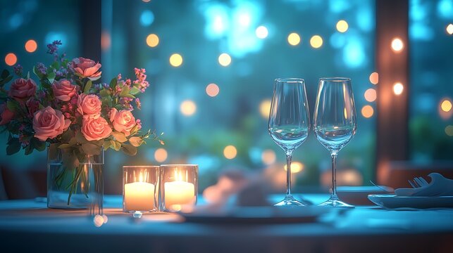 A luxurious dining table featuring neutral linens artistic plating and sparkling crystal glasses in an intimate fine-dining atmosphere