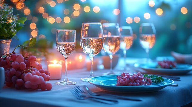 A luxurious dining table featuring neutral linens artistic plating and sparkling crystal glasses in an intimate fine-dining atmosphere