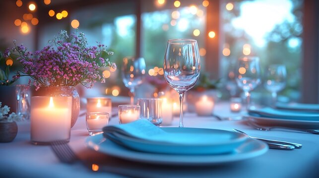 Side-angle shot of a clean luxurious dining table set with neutral linens artistic plating and crystal glasses under soft candlelight