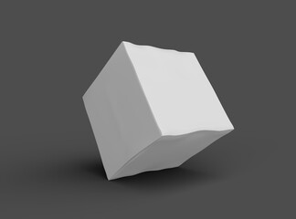 Rendered image of a small white cubic dented box on a dark background