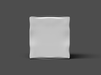 Rendered image of a small white cubic dented box on a dark background