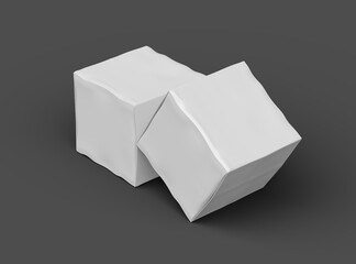 Rendered image of a small white cubic dented box on a dark background