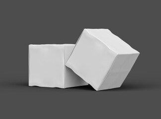 Rendered image of a small white cubic dented box on a dark background