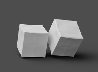 Rendered image of a small white cubic dented box on a dark background