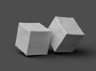 Rendered image of a small white cubic dented box on a dark background