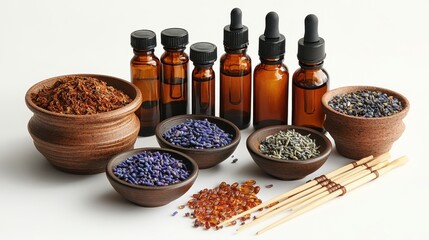Alternative medicine displayed on a white background, featuring essential oils, herbal remedies, and acupuncture tools, emphasizing natural healing practices