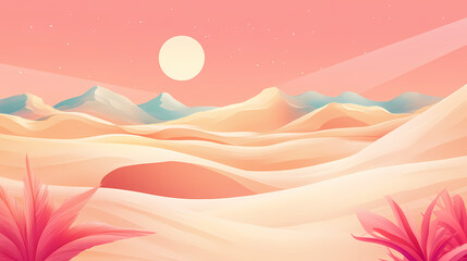 Gentle wind shapes sand, creating patterns in warm light. desert oasis invites adventure with serene beauty and vast emptiness. ideal for travel ads. Oasis. Illustration