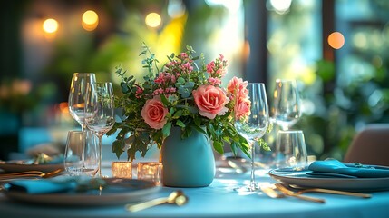 A luxurious dining table showcasing a vibrant plated dish with microgreens golden cutlery and a floral centerpiece in a clean setting