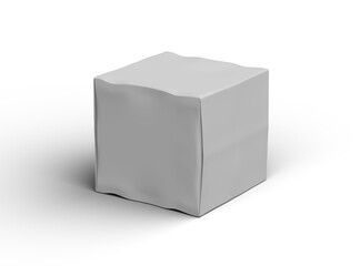 Rendered image of a small white cubic dented box on a transparent background