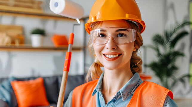 Smiling Caucasian Female Construction Worker with Hard Hat and Safety Gear Holding a Roller Brush Indoors. Concept of Modern Workforce, Female Empowerment, Home Renovation, Safety Awareness