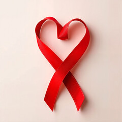 Red ribbon in heart shape, minimalistic style, on beige background with space to copy  