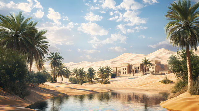 Liwa oasis, a sprawling desert oasis located in the southern region of the united arab emirates within the or empty quarter. Oasis. Illustration