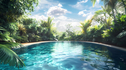 Luxurious villa's serene backyard oasis featuring crystal-clear swimming pool surrounded by lush greenery under a brilliant vibrant blue sky. Oasis. Illustration