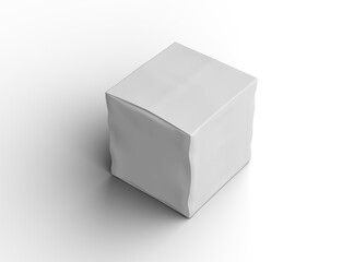 Rendered image of a small white cubic dented box on a transparent background