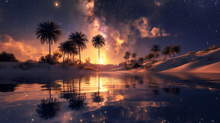 Obraz premium Majestic milky way visible above a tranquil desert oasis with swaying palm trees and calm waters reflecting the cosmic beauty of the starry sky. Oasis. Illustration