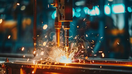 Close-Up View of Welding Torch with Sparks in Action, Concept of Industrial Craftsmanship, Metalwork Expertise, Fiery Art of Welding and Machinery Precision