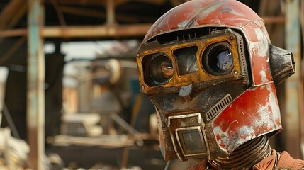 Close-up of a weathered industrial robot head with a red, worn metal casing and intricate lens details. Concept of robotics, dystopian design, engineering, and industrial aesthetics