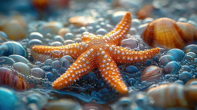 A tiny starfish resting in a tidal pool filled with colorful shells and gentle ripples,