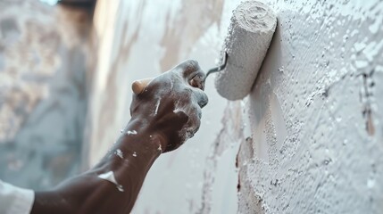 African American Construction Worker Painting a Wall, Emphasizing Hard Work, Skilled Labor, Home Improvement, and the Art of Renovation