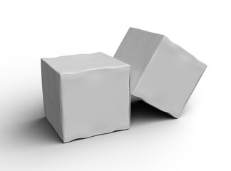 Rendered image of a small white cubic dented box on a transparent background